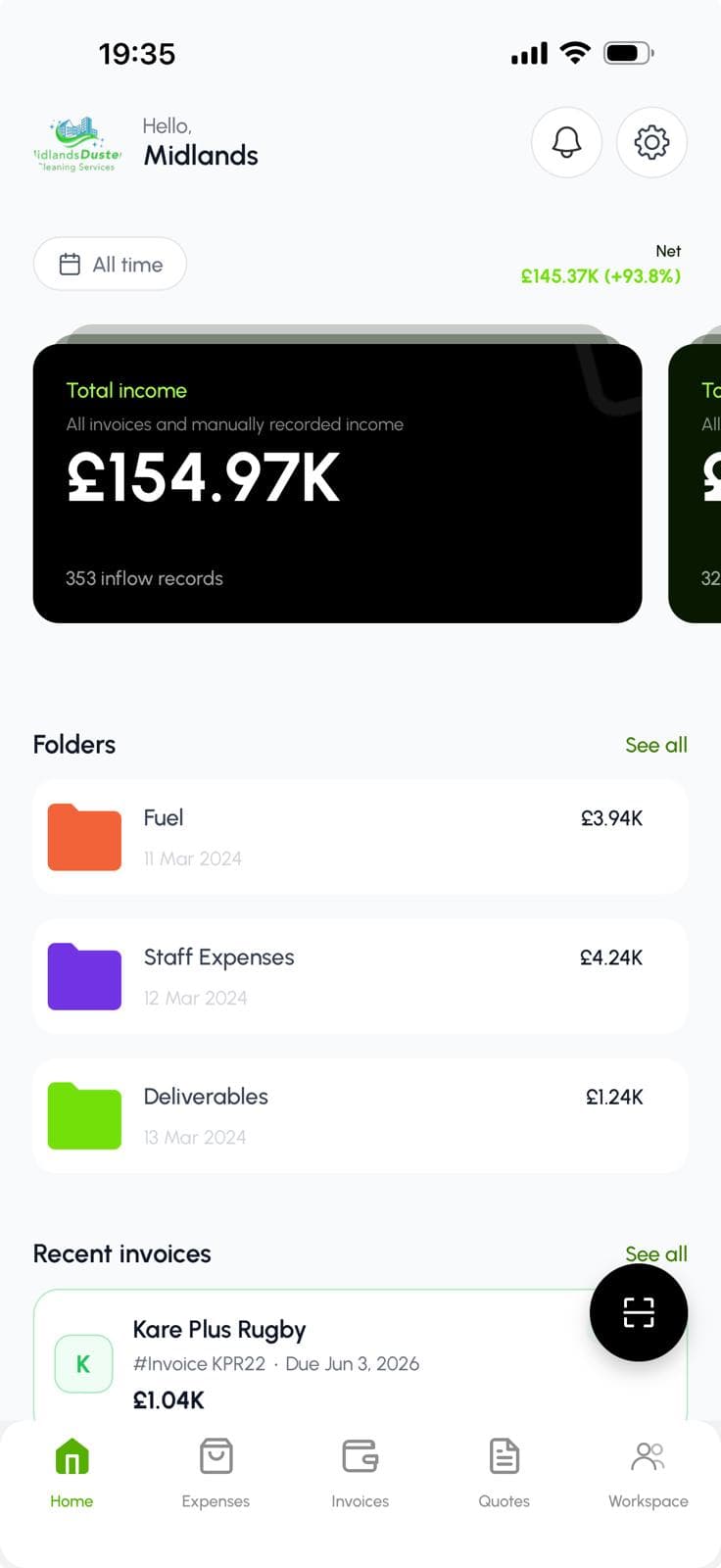 Lazybooks app home screen showing income, folders and recent invoices